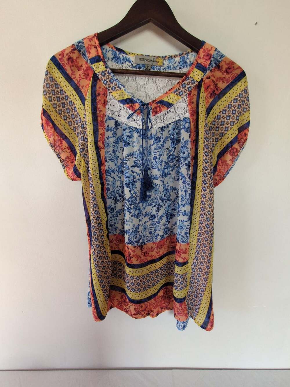 FIGUEROA&FLOWER Blouse Size M Multicolor Floral Patchwork Lace Tie